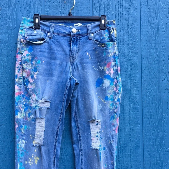 Seven7 Light Wash Factory Distressed Paint Spatter Straight Leg Jeans Size 27 - Picture 6 of 7